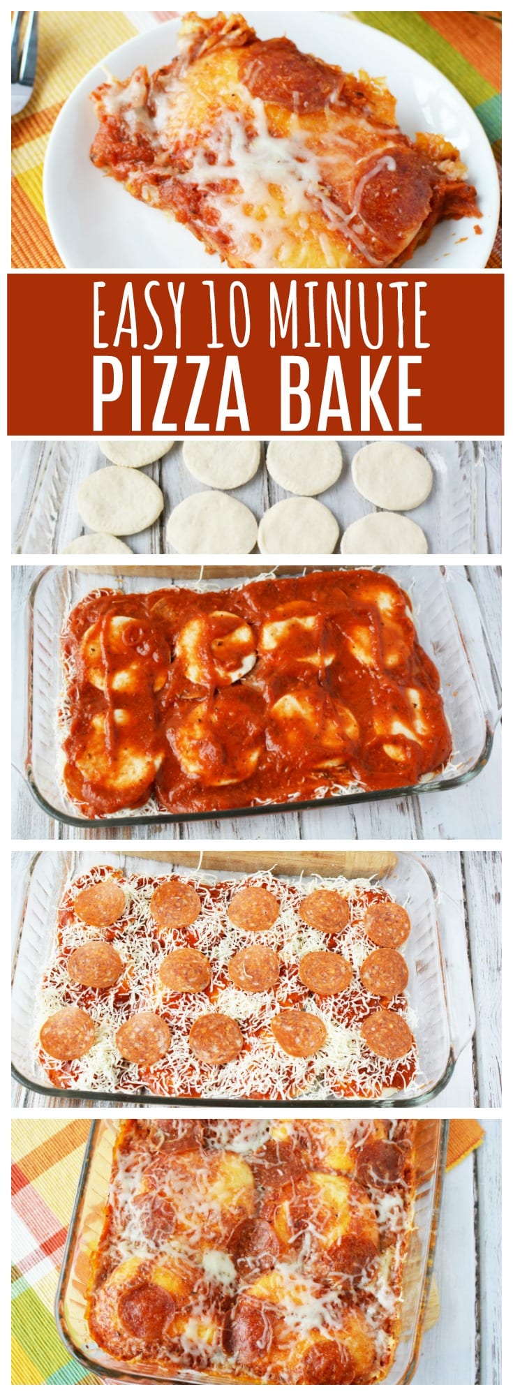 Step by step photo collage for making pizza bake with biscuits. 