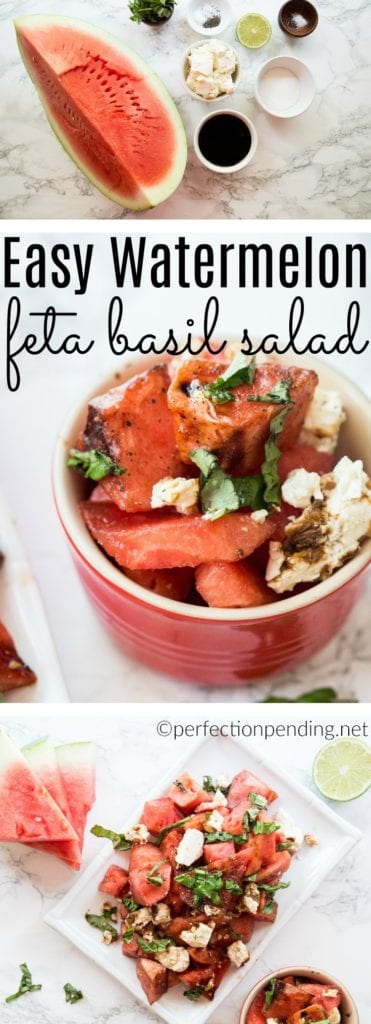 Watermelon feta basil salad in bowl, on plate, and ingredients pin image