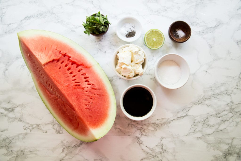 ingredients for watermelon basil feta salad