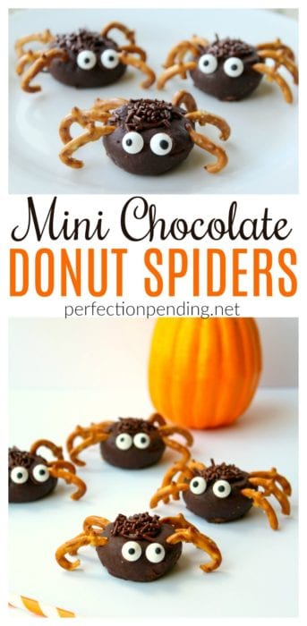 These mini chocolate donut spiders are the perfect Halloween treat idea for your class party, Halloween gathering, or for a fun halloween breakfast idea. They are SO easy to make - even your kids can make these kid friendly Halloween treats. #donutspiders #halloween #halloweentreat #cutehalloweentreatidea #Halloweenparty #halloweenfood #halloweendessert #halloweenbreakfast #spiderdonuts