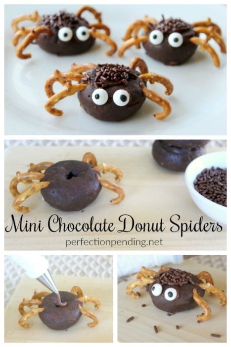 These mini chocolate donut spiders are the perfect Halloween treat idea for your class party, Halloween gathering, or for a fun halloween breakfast idea. They are SO easy to make - even your kids can make these kid friendly Halloween treats. #donutspiders #halloween #halloweentreat #cutehalloweentreatidea #Halloweenparty #halloweenfood #halloweendessert #halloweenbreakfast #spiderdonuts