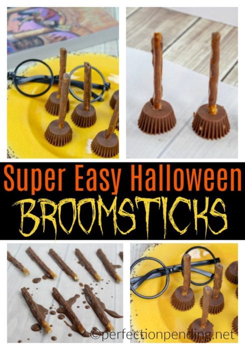 If you are a Harry Potter fan, these Harry Potter broomsticks make the perfect Halloween party food! If you're not planning a Halloween party, these are perfect for a Harry Potter party for any occasion. These easy, DIY witch's broomstick treats are fun for school parties, for work parties, for kids or for adults. #halloweentreats #halloweenpartyfood #halloween #halloweenfood #harrypotter #harrypotterparty #harrypottertreats