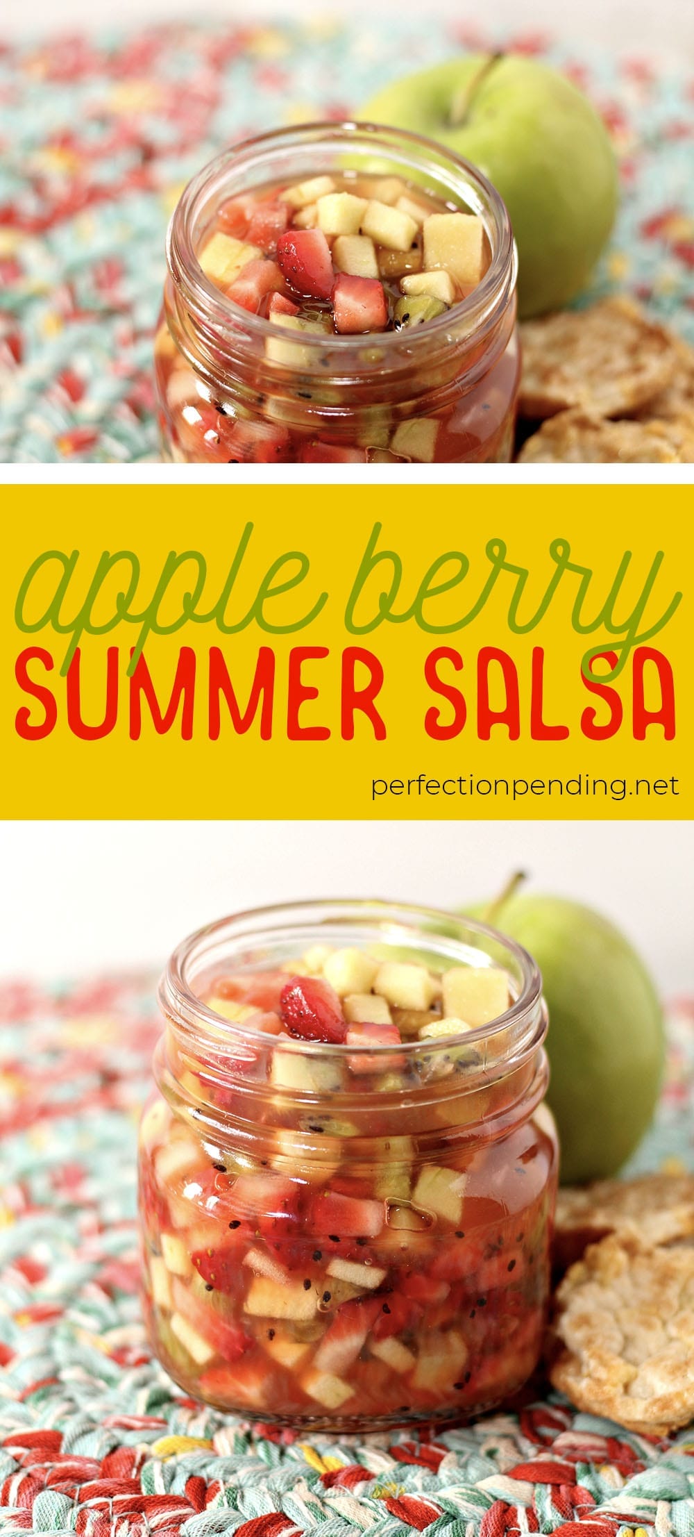 This apple berry summer salsa is the PERFECT treat for the end of summer. It's sweet, refreshing, and soooo delicious! If you're looking for an easy fruit salsa recipe - you'll want to try this. It's a healthy fruit salsa everyone will love. Perfect for last minute barbecues, summer parties, playdates, and even birthdays. #fruit #fruitsalad #summerrecipe #summer #appleberrysalsa #summersalsa #sweetsalsa