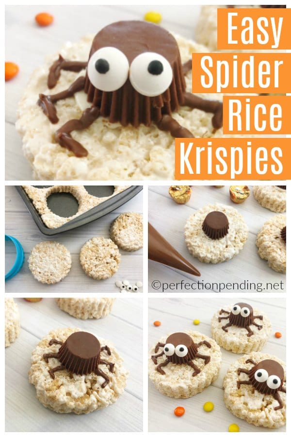 These Easy Spider Rice Krispie Treats made with reeses peanut butter cups are the perfect non-scary Halloween treat idea. With Silly candy eyes and your favorite rice krispies, these make a fun and easy halloween party treat. #halloween #halloweenparty #halloweenpartytreats #halloweenpartyideas #nonscaryhalloweentreats #halloweentreat #halloweenricekrispie