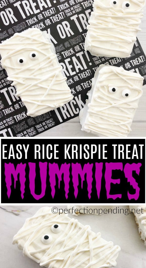 These non spooky Halloween treats are the perfect Halloween party idea for kids. These easy rice krispie treat mummies can either be made from scratch, or you can make them super easy buy using store bought rice krispie treats. #Halloween #Halloweenpartyideas #halloweentreat #mummytreat #halloweenmummies #mummies #halloweenfood #partyfood #foodideasforhalloween