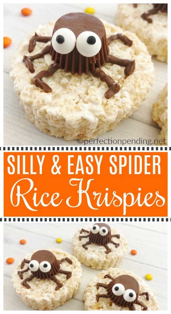 These Easy Spider Rice Krispie Treats made with reeses peanut butter cups are the perfect non-scary Halloween treat idea. With Silly candy eyes and your favorite rice krispies, these make a fun and easy halloween party treat. #halloween #halloweenparty #halloweenpartytreats #halloweenpartyideas #nonscaryhalloweentreats #halloweentreat #halloweenricekrispie