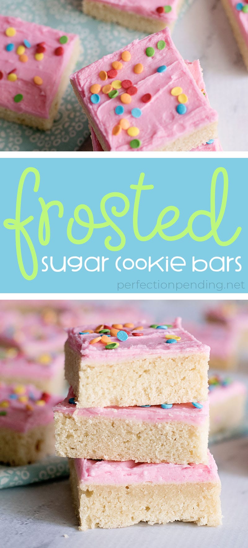 These frosted sugar cookie bars are THE BEST sugar cookie bars and an absolute must try! Between the sweet sugar cookie and the sweet fun frosting and sprinkles, these are such a delicious sweet treat! Not to mention they are some perfect soft and chewy cookie bars - my favorite type of cookie! Just scroll down below to find the full pan sugar cookie recipe! Super soft sugar cookies piled with delicious frosting and lots of sprinkles! Tastes just like a Lofthouse Sugar cookie, and so easy to bake since they're in bar form. #sugarcookie #sugarcookies #sugarcookierecipe #sugarcookiebars #cookierecipe #softsugarcookie #lofthousecookies