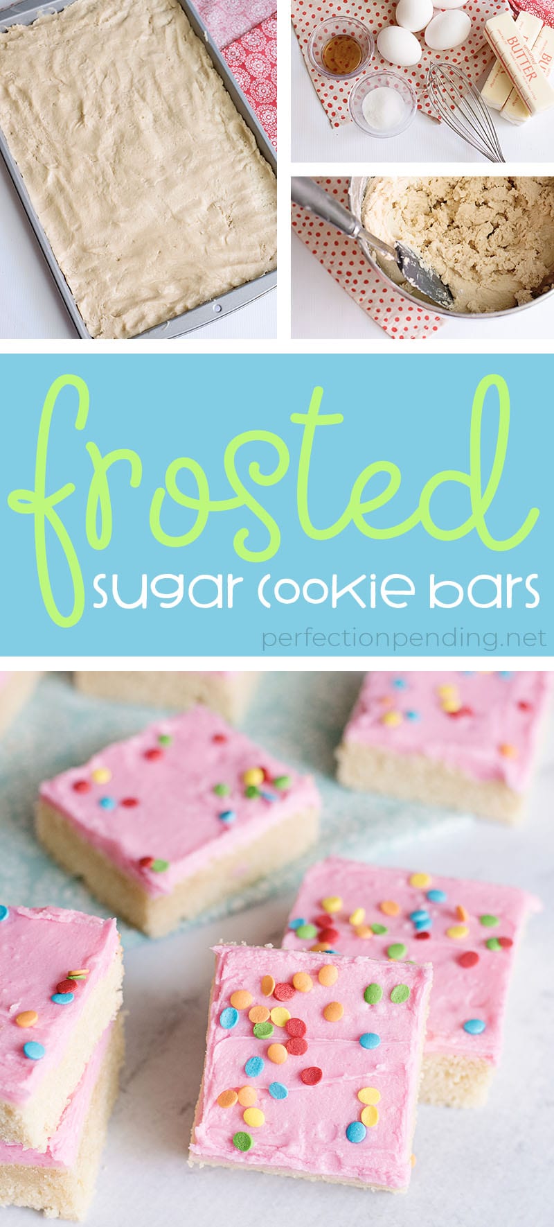 These frosted sugar cookie bars are THE BEST sugar cookie bars and an absolute must try! Between the sweet sugar cookie and the sweet fun frosting and sprinkles, these are such a delicious sweet treat! Not to mention they are some perfect soft and chewy cookie bars - my favorite type of cookie! Just scroll down below to find the full pan sugar cookie recipe! Super soft sugar cookies piled with delicious frosting and lots of sprinkles! Tastes just like a Lofthouse Sugar cookie, and so easy to bake since they're in bar form. #sugarcookie #sugarcookies #sugarcookierecipe #sugarcookiebars #cookierecipe #softsugarcookie #lofthousecookies