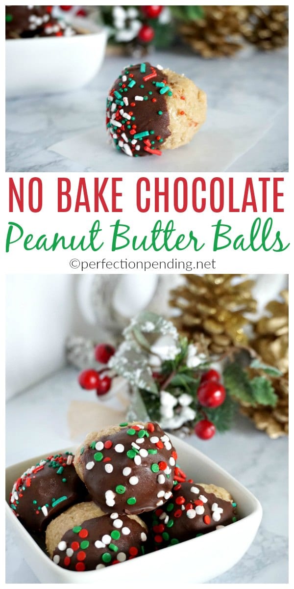 These peanut butter balls are the perfect no bake Christmas treat to give out to neighbors. They are a fast Christmas dessert idea that look festive, and combine the favorite flavors of peanut butter and chocolate. The best part, is that it is a Christmas treat idea that comes together in 30 minutes. #christmastreat #christmasdessert #neighborgifts #giftideas #peanutbutterballs #chocolateandpeanutbutter