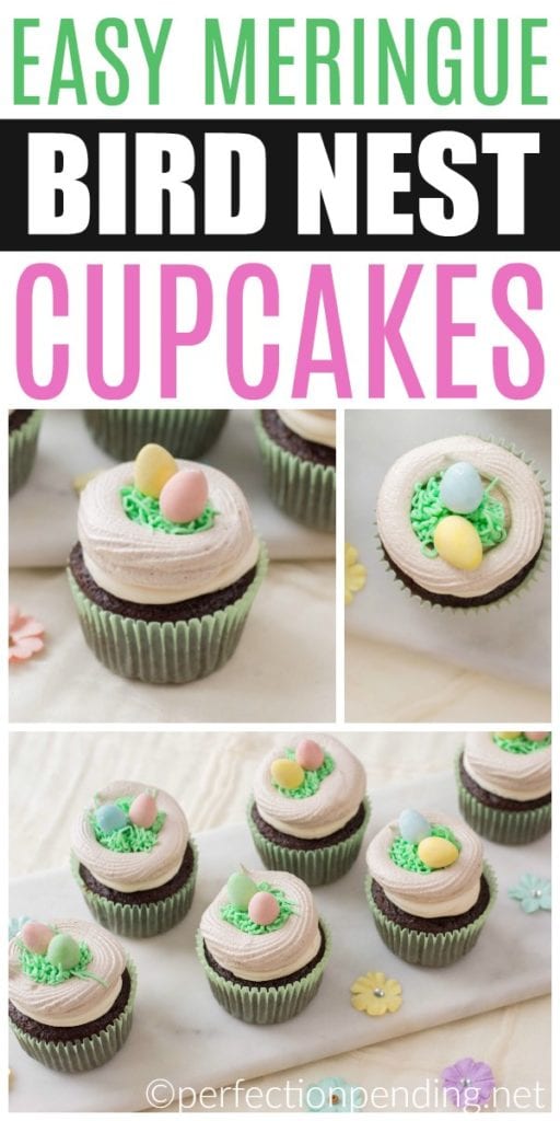 These chocolate cupcakes with a meringue bird's nest are perfect for your Easter party or Spring fun. With buttercream grass and bright colorful easter eggs, these fun Meringue Robin's egg nests make the perfect addition to your Easter chocolate cupcake. #Eastercupcakes #birdnestcupcakes #springcupcakes #Easterdessertidea