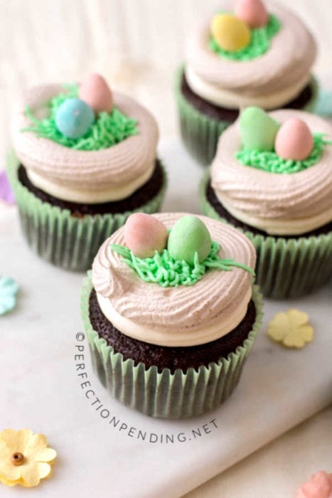 These chocolate cupcakes with a meringue bird's nest are perfect for your Easter party or Spring fun. With buttercream grass and bright colorful easter eggs, these fun Meringue Robin's egg nests make the perfect addition to your Easter chocolate cupcake. #Eastercupcakes #birdnestcupcakes #springcupcakes #Easterdessertidea