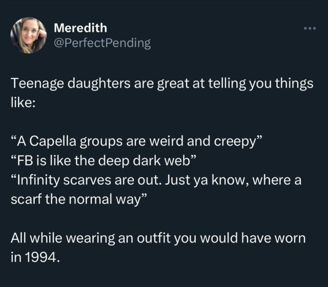 I’m sorry are you really wearing doc martens and a dress with spaghetti straps and a Tshirt under it while you’re telling me I’m doing it wrong? 🤣 Life is wild. Teenagers are fun.